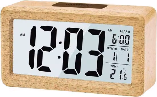 Orologio da comodino digitale in legno con ampio display LCD retroilluminato - Indicatore di temperatura - Modalità sleep - Sensore di luminosità - Legno - Richiede 3 batterie AAA