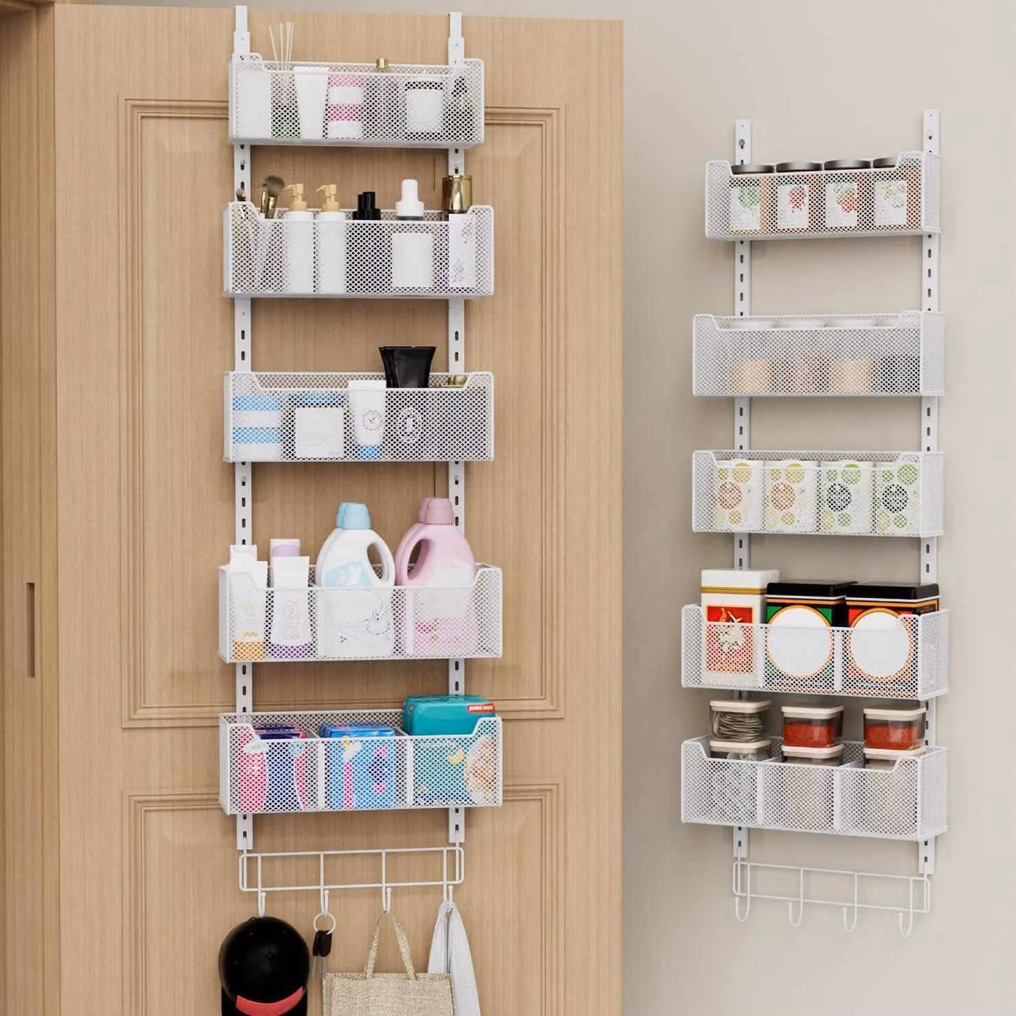 Organizzatore da appendere sopra la porta, bianco, con 5 ripiani, 4 cesti e 8 ganci
