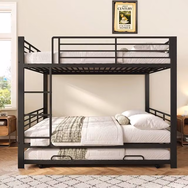 Letto a castello ULEVR 140x200 cm con letto estraibile e protezione anticaduta, struttura in metallo nero
