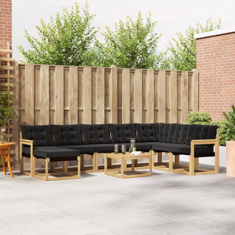 vidaXL Set di divani da esterno a forma di U composto da 9 pezzi con struttura in legno di acacia, tavolino da caffè, pouf e cuscini in bianco, nero e marrone