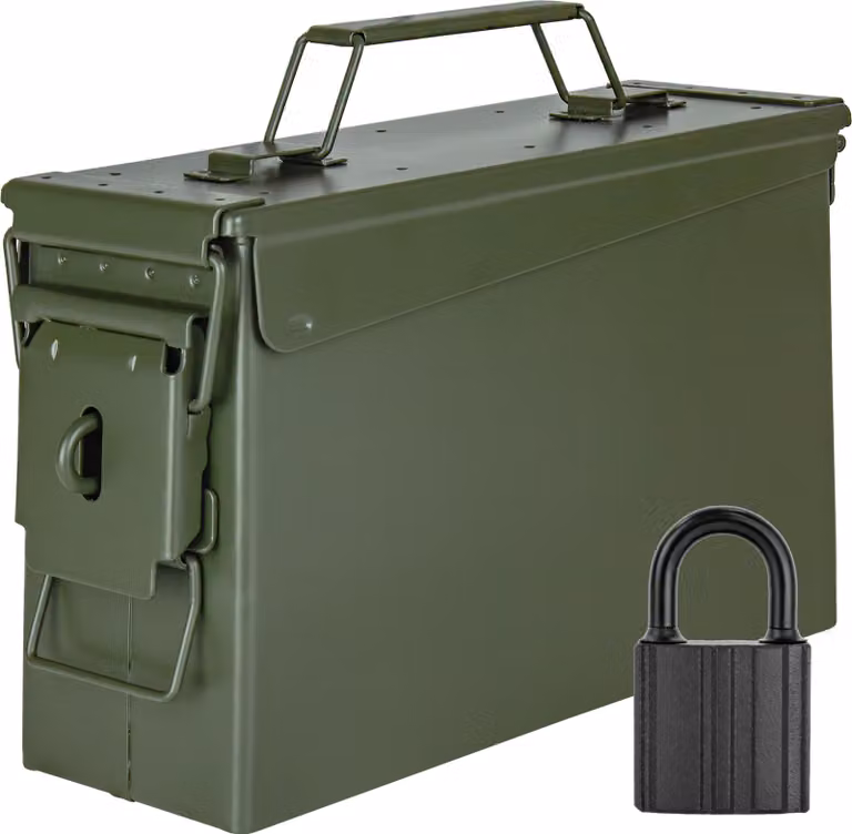 Trucky Scatola portamunizioni in metallo, Con serratura scatola portamunizioni con coperchio, 28 x 10 x 18 cm, colore verde militare