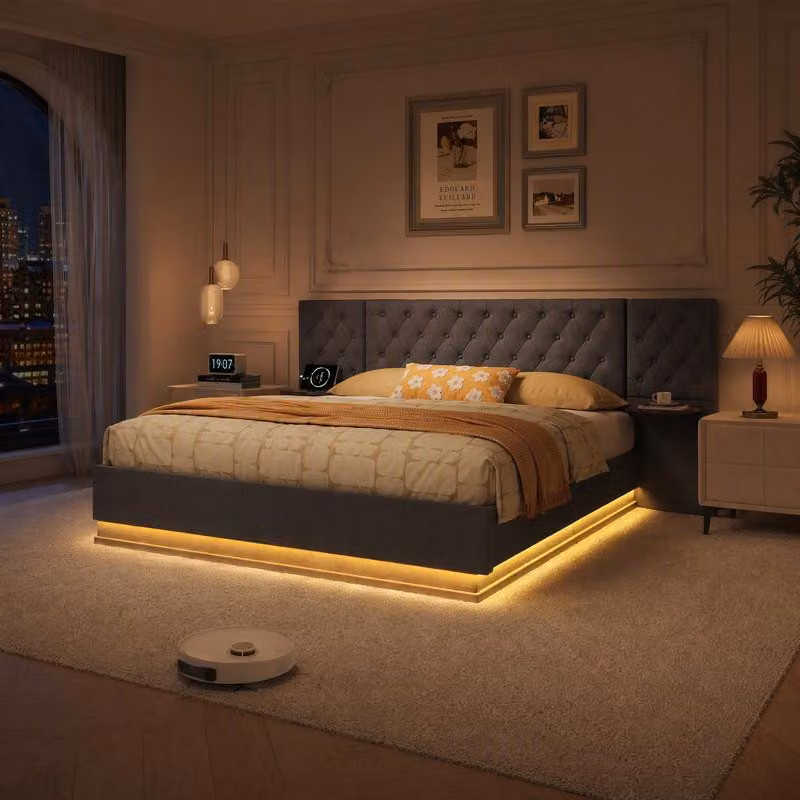 Letto imbottito UnboxG, 160 x 200 cm, con sistema di sollevamento idraulico per lo spazio contenitivo, testiera divisa, luci LED RGB, porte USB e di tipo C, comodini pieghevoli e rivestimento effetto lino, colore grigio
