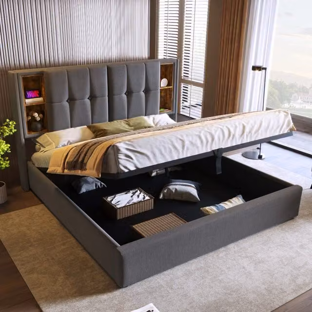 Letto imbottito 180x200 cm grigio con ricarica wireless; USB e porta Type-C; contenitore