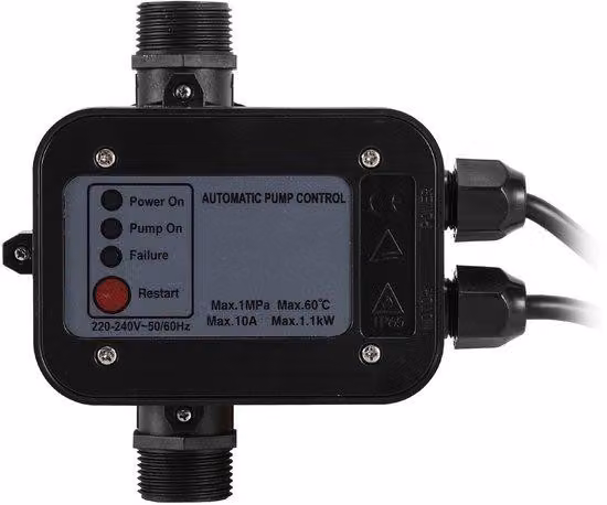 Pressostato elettronico per pompe da pozzo - Regolazione a 10 bar - Con cavi - Controllo della pompa - Accensione e spegnimento automatici in base al fabbisogno idrico - Nero