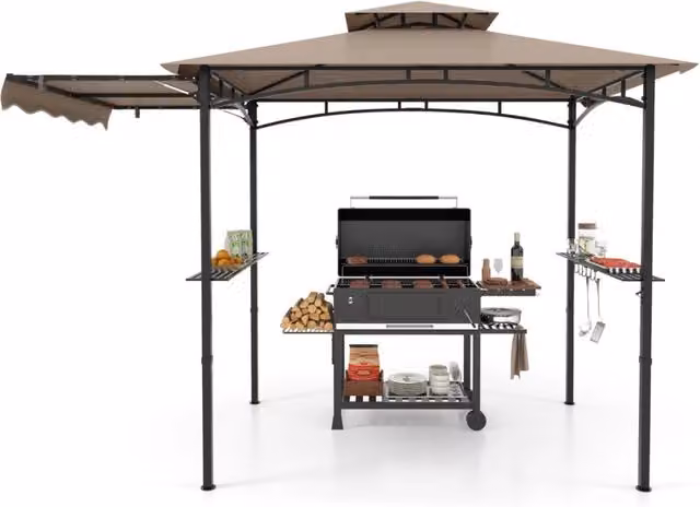 Gazebo per barbecue 250 x 203cm con tendalino laterale tetto a 2 livelli 2 ripiani laterali, Rifugio per barbecue Marrone