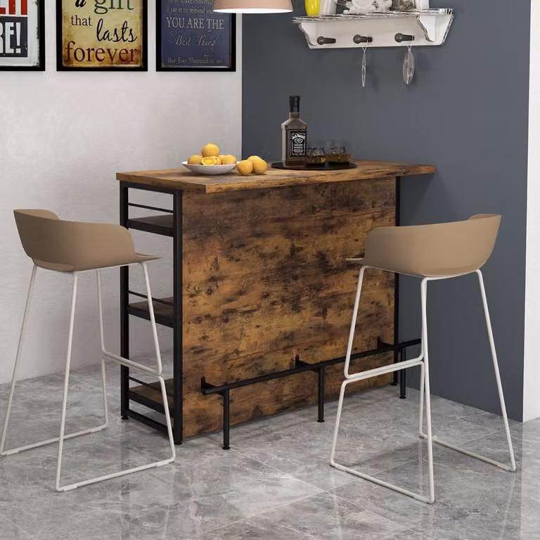 Isola cucina Costway in stile industriale con set di 2 sgabelli da bar, mobile bar marrone in legno e MDF laminato