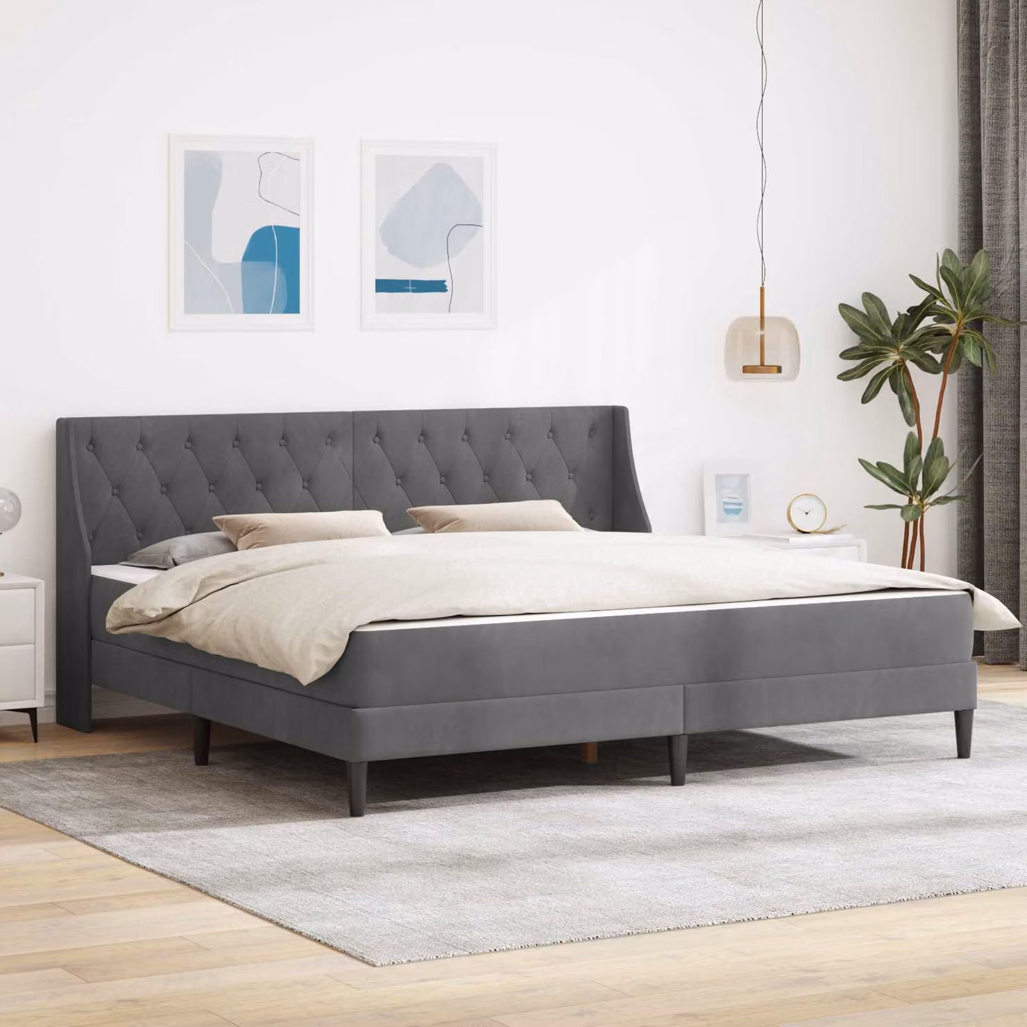 Set letto con struttura imbottita e materasso ibrido vidaXL in velluto grigio, L/P/H: 180 x 200 x 280 cm