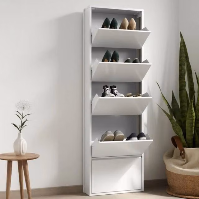 Scarpiera a parete DMORA Afrend Bianca con scomparti basculanti per 10 paia di scarpe L/P/H: 50 x 15 x 172 cm – 1