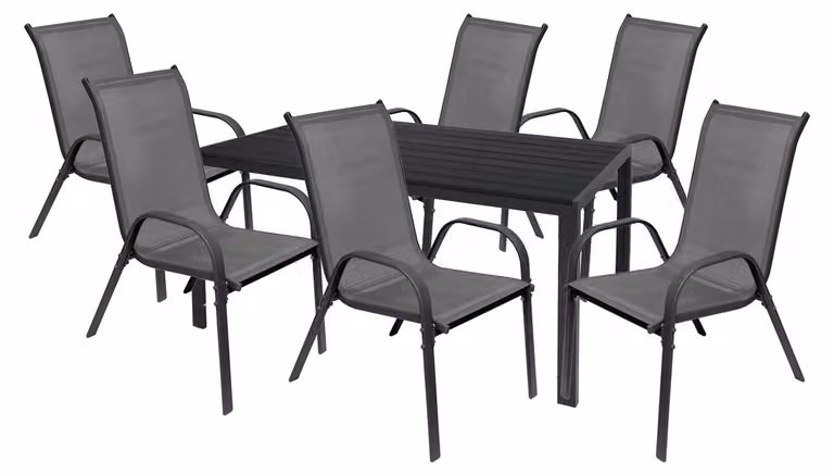 Set da giardino composto da 7 pezzi, comprendente: gruppo sedute, tavolo da pranzo (160x90 cm) e sedie impilabili