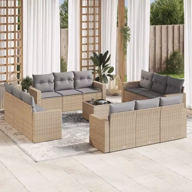 Set Divano da Giardino VIDAXL in Polyrattan a Forma di U con 13 Pezzi e Cuscini Beige – 1