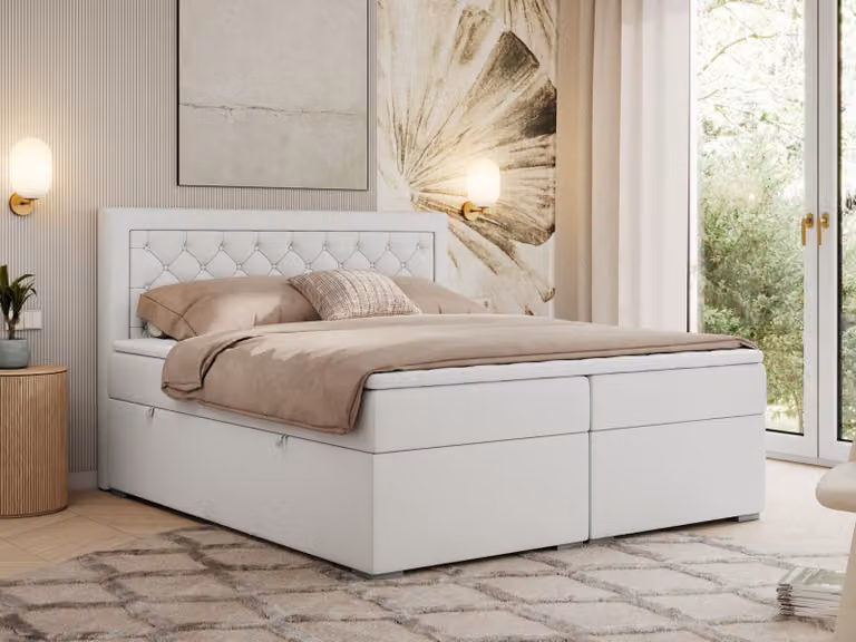Letto con rete a molle MKS MEBLE 120x200 con contenitore, letto imbottito 120x200 con materasso H4 e topper, letto con rete a molle 120x200, letto imbottito 120x200, letto 120x200 con testiera - Bianco, ecopelle - H4 - JASIR