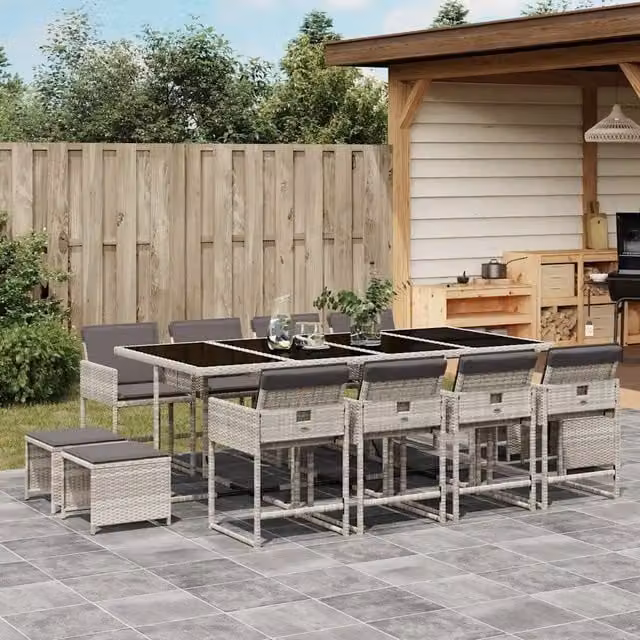 Set da pranzo da giardino vidaXL in polyrattan con cuscini e tavolo in vetro, 13 pezzi, antracite – 1