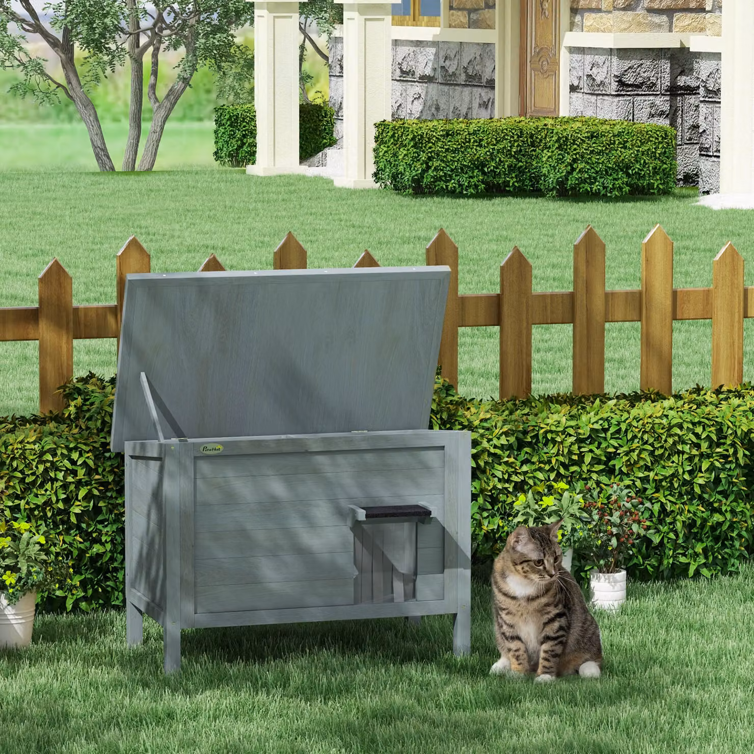 Casa per gatti da esterno PawHut in legno, resistente alle intemperie e isolata, con 1 finestra e 1 ingresso, L 85 cm x P 50 cm x H 68,5 cm, Grigio scuro e Nero – 2