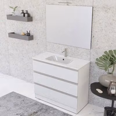 Mobile bagno Master bianco opaco con lavabo, specchio con illuminazione LED e contenitore, L: 100 cm, P: 45 cm, H: 87 cm – 1