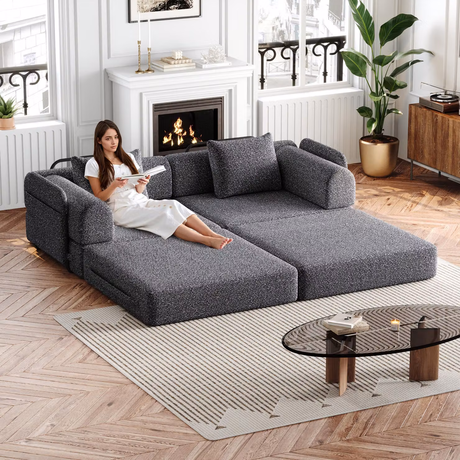 MODFU divano letto 2 pezzi in ciniglia 2 in 1 con vano portaoggetti nel bracciolo, divano pieghevole imbottito con tre telai in metallo e diverse opzioni di configurazione, grigio