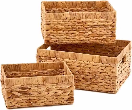 Set di tre contenitori EZOWare in seagrass e metallo color marrone con trama aperta e maniglie, ideale per cucina, bagno, camera da letto o zona living, L/P/H: 40 x 30 x 18 cm