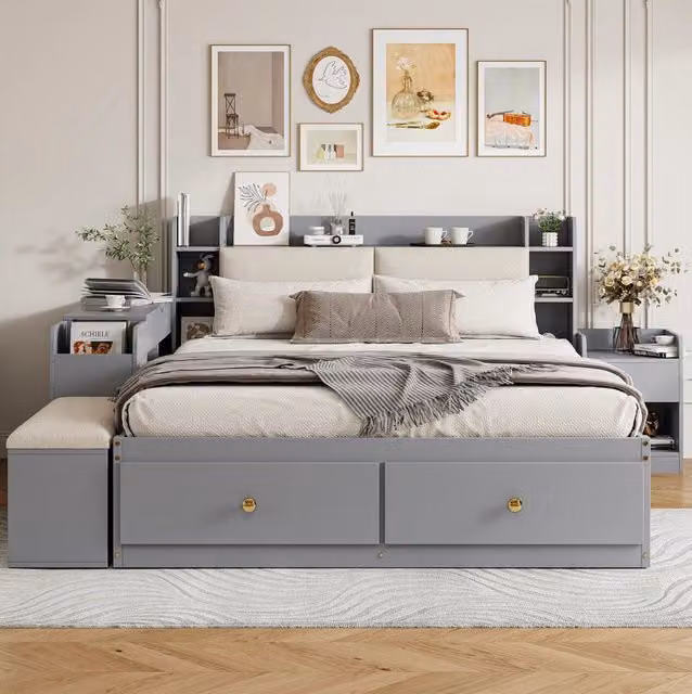Letto matrimoniale multifunzione 140x200 cm in legno massiccio; con testiera imbottita e contenitore; grigio