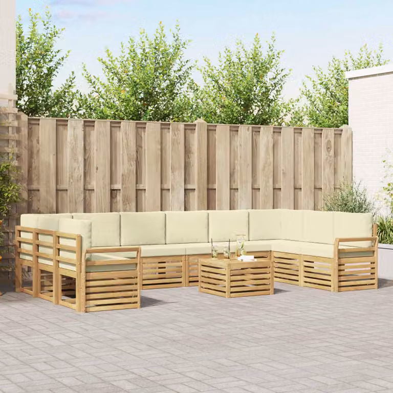 Set di divani da esterno vidaXL 11 pezzi a forma di L con tavolino, colore bianco e beige, in legno di acacia e tessuto resistente ai raggi UV