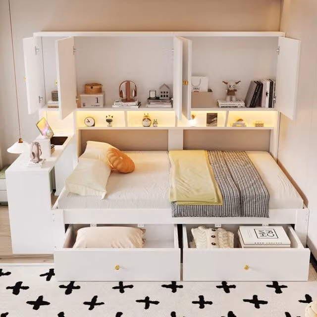 Letto multifunzione 90x200 cm in Legno MDF Bianco con Scrivania Integrata; Cassetti e Luci LED