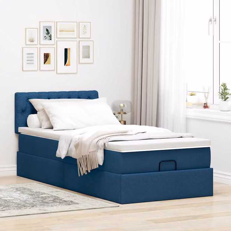 vidaXL Pouf Letto con Materasso Blu e Bianco in Tessuto L: 200 cm, P: 90 cm, H: 88 cm