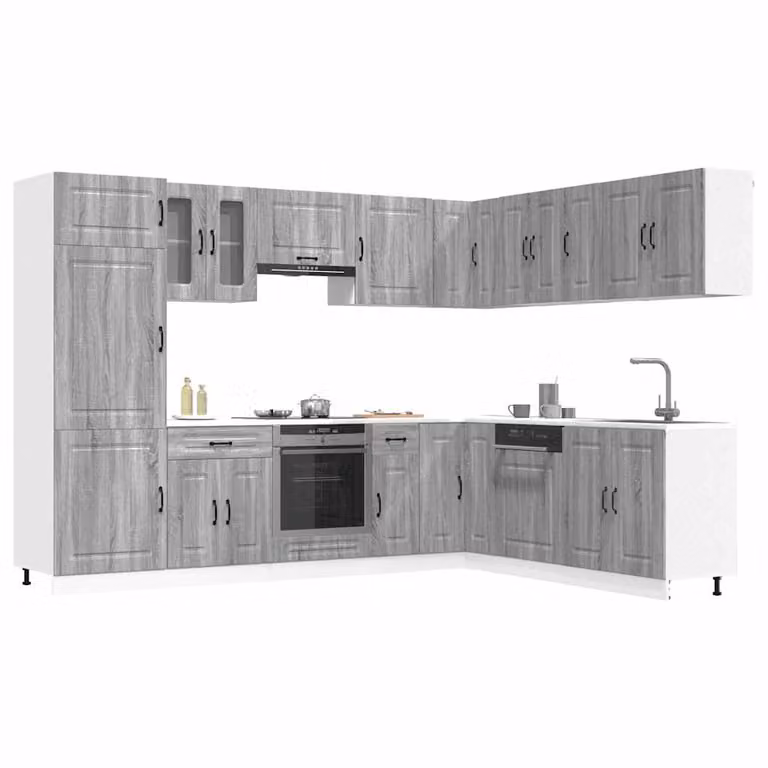 Set di mobili da cucina moderno vidaXL Kalmar composto da 14 pezzi in colore grigio Sonoma con ante a battente e ripiani interni