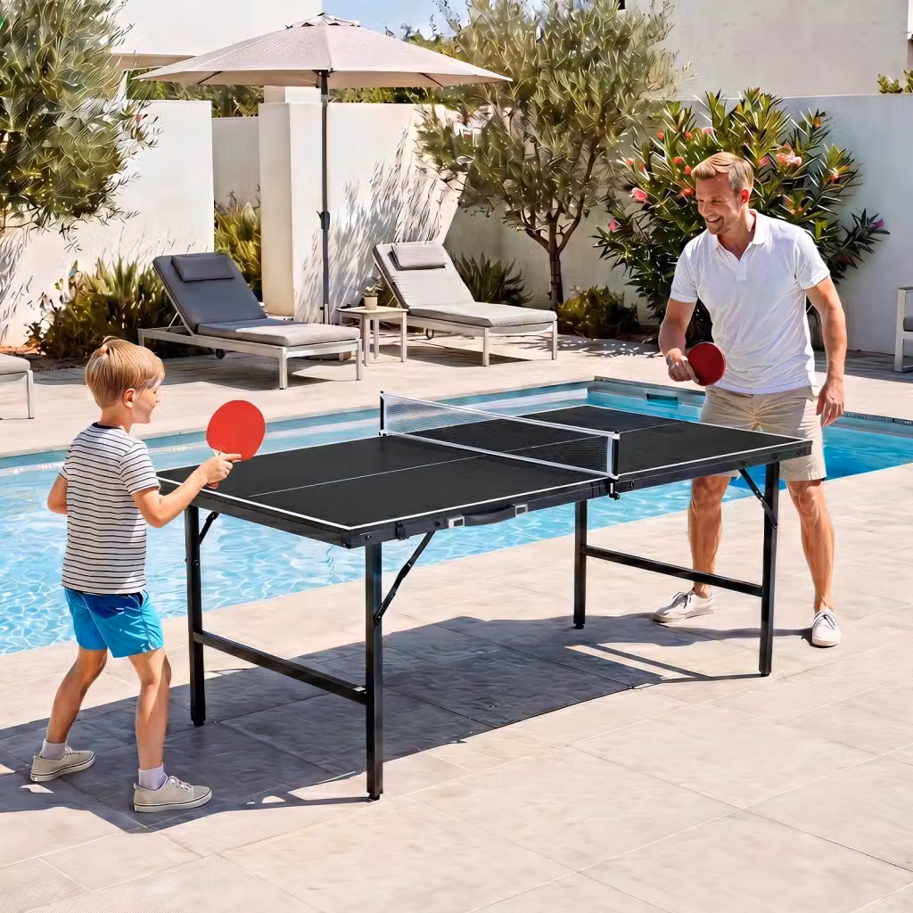 Tavolo da ping pong pieghevole rettangolare nero e bianco con rete, 2 racchette e palline – 2