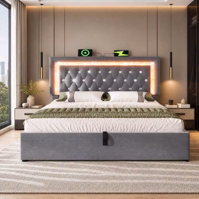 Letto imbottito Mivray con contenitore idraulico, testiera regolabile con LED e porte USB/USB-C, velluto grigio, L/P: 180 x 200 cm
