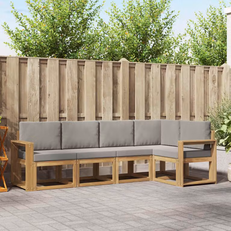 Set di divani da esterno vidaXL a forma di L in legno di acacia con cuscini, Bianco, Grigio e Marrone
