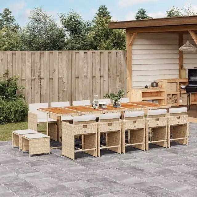 Set da pranzo da giardino vidaXL in polyrattan con cuscini beige e legno di acacia, 15 pezzi