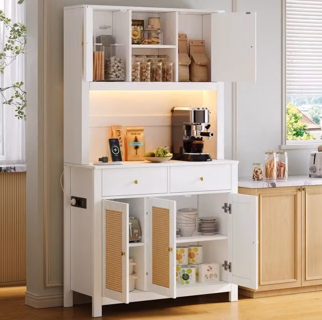 Mobile cucina alto ULEVR 100x40x180 cm con LED RGB, prese e USB, 5 ante in rattan e 2 cassetti, bianco