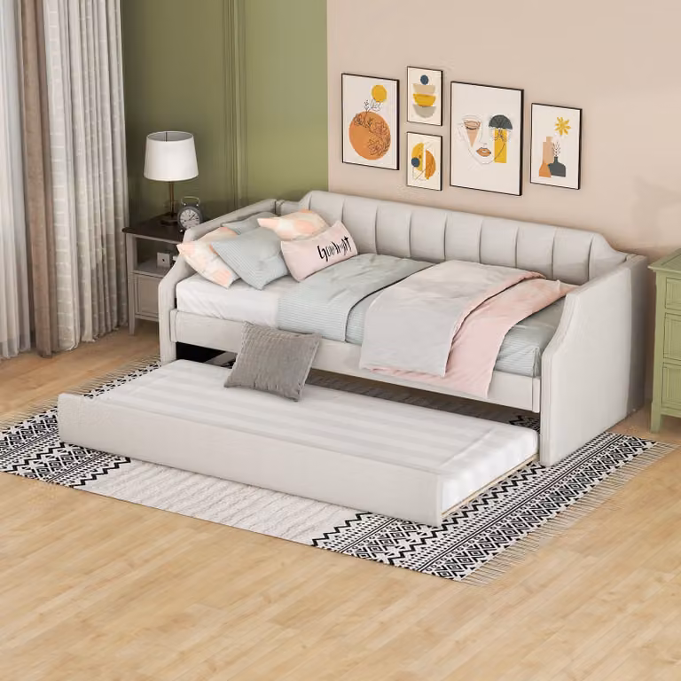 MODFU Divano letto 90 x 200(190)cm, Letto singolo imbottito con letto a scomparsa (con materasso), Beige
