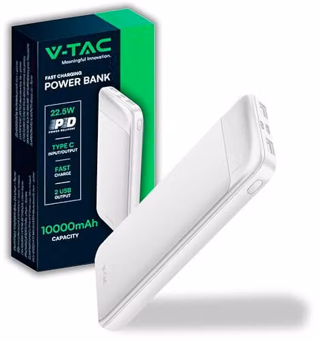 V-TAC Power Bank 10000mAh, Ricarica Rapida PD 22.5W, USB-A, USB Type-C, Micro USB