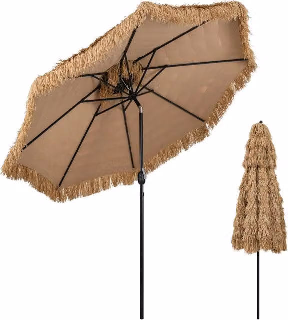 Ombrellone da Spiaggia Hawaiano COSTWAY in Paglia PE con 8 Stecche, Inclinazione Regolabile e Manovella Manuale, Colore Marrone e Nero, H 318 cm x L 270 cm – 1