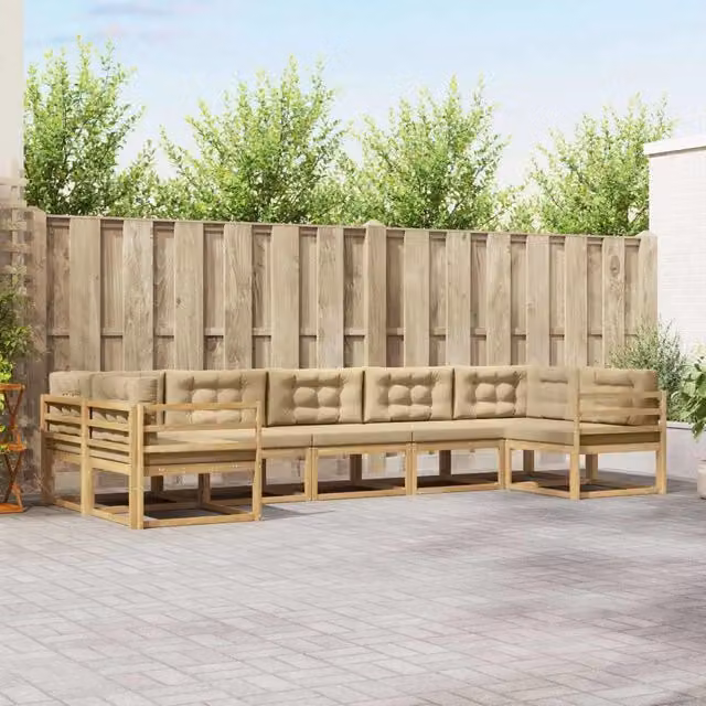 Set di divani da esterno a L vidaXL in legno di acacia con cuscini, Bianco e Beige – 1