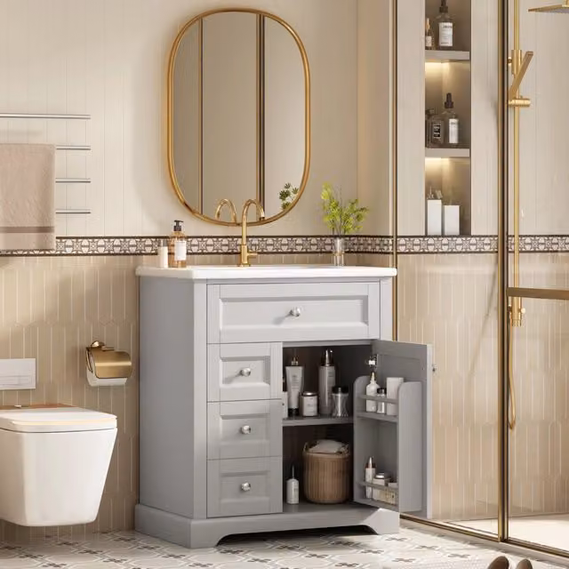 Mobile bagno grigio 76x46x87 cm con lavabo in ceramica integrato e cassetti soft-close