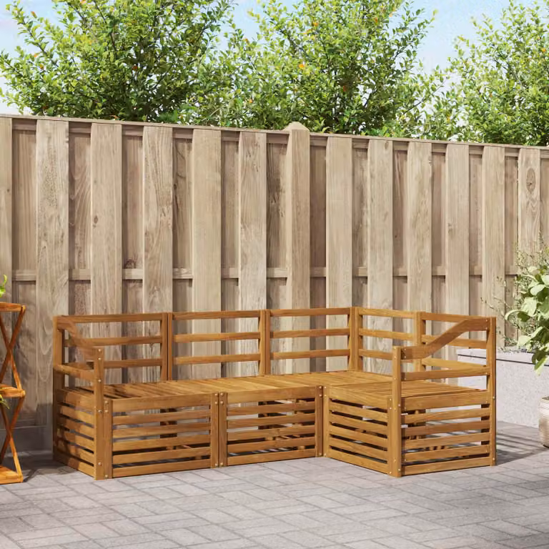 vidaXL Set di divani da esterno 4 pezzi a forma di L in legno di acacia con cuscini in poliestere resistente ai raggi UV, colore marrone e bianco