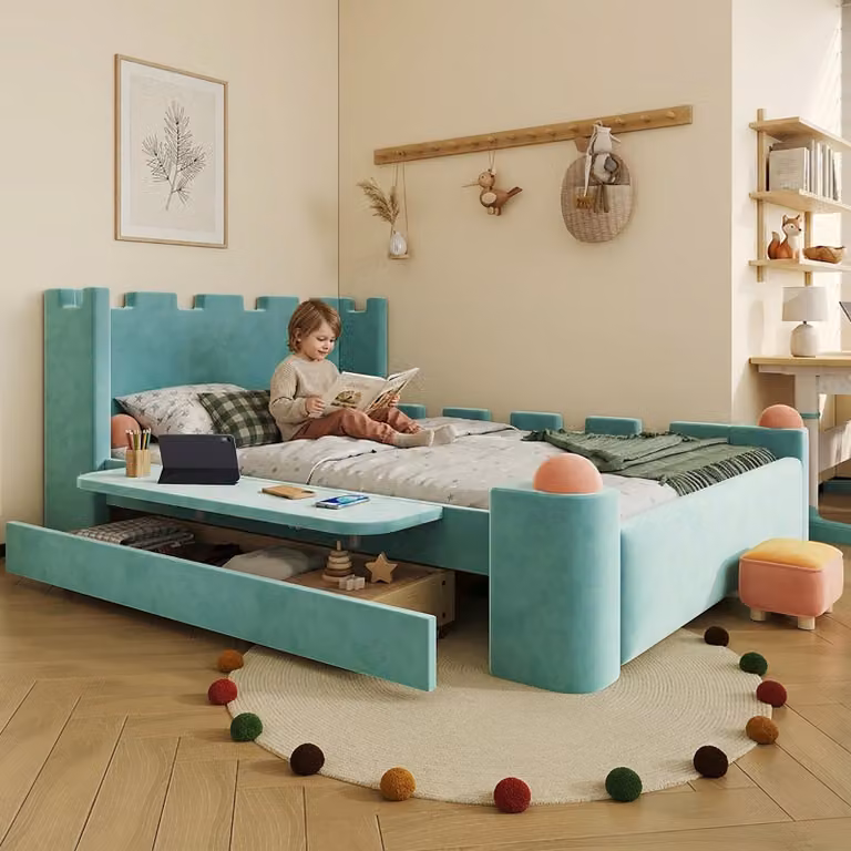 Letto per bambini Merax, modello imbottito 140x200 con design a castello, letto singolo in velluto con cassetto per riporre oggetti e ripiano pieghevole, bordi imbottiti, colore blu-verde