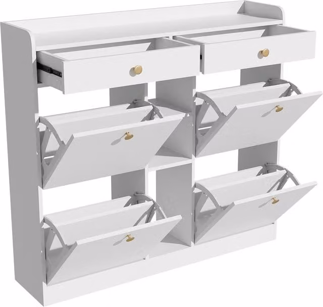 Scarpiera moderna GL Store con 4 ante a ribalta, 2 cassetti e 3 vani aperti, Bianco opaco, L: 110 cm, P: 26 cm, H: 100 cm