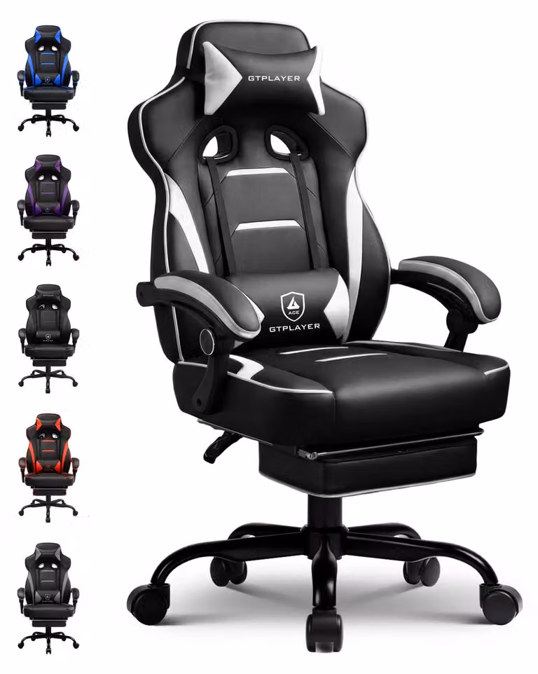 Sedia da gaming con poggiapiedi - Sedia da ufficio F59 - Ergonomica, capacità massima 180 kg - Schienale reclinabile fino a 155° - Regolabile in altezza - Supporto lombare e poggiatesta - Base in metallo con rotelle - Rivestimento in ecopelle bianca