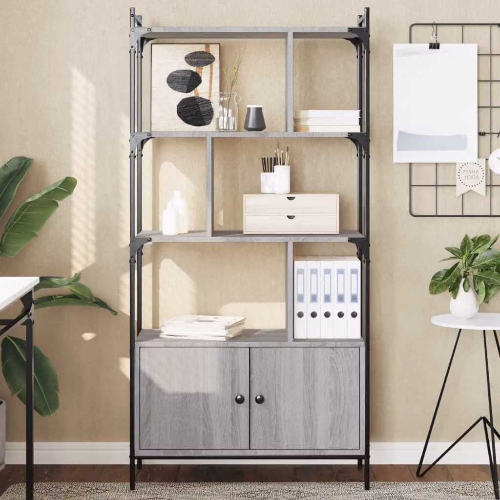 Libreria con Ante vidaXL in Legno Multistrato e Metallo, Grigio, L: 76,5 cm, P: 15,0 cm, H: 154,5 cm