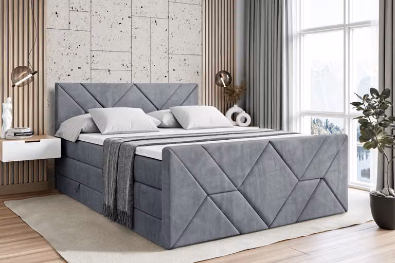 Letto boxspring ALTDECOR con pediera, 2 materassi e topper - 180x200 cm - BARWA-Z KING - Grigio velluto - Letto imbottito con materassi H3 e H4, contenitore e rete a doghe, letto con spazio contenitivo
