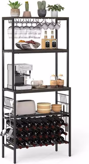 Scaffale multi-livello con portabicchieri e porta tazze per microonde per cucina, Organizer per vini con presa di corrente Marrone