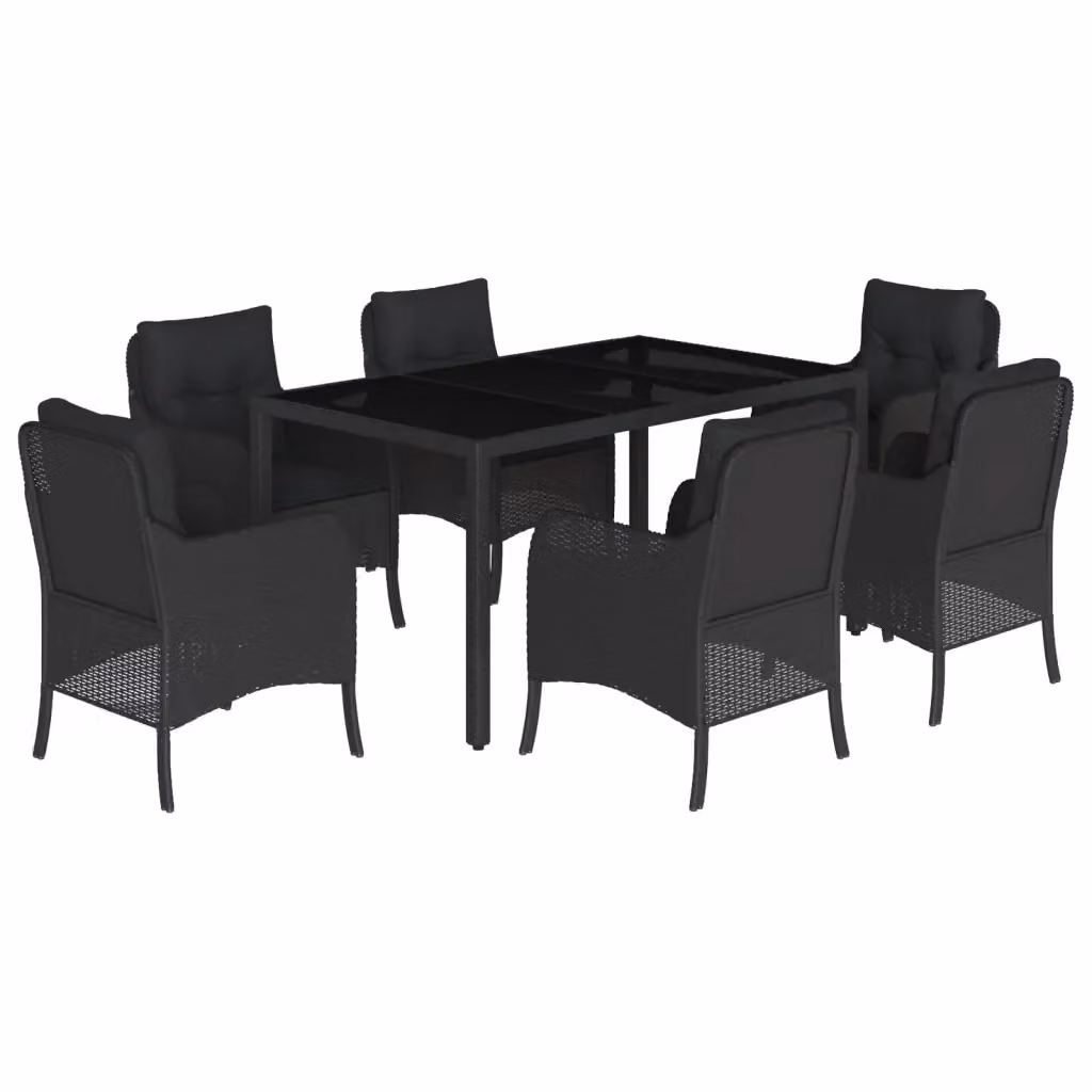 Set da Pranzo da Giardino vidaXL 7 pz in Polyrattan Nero con Piano in Vetro – 2