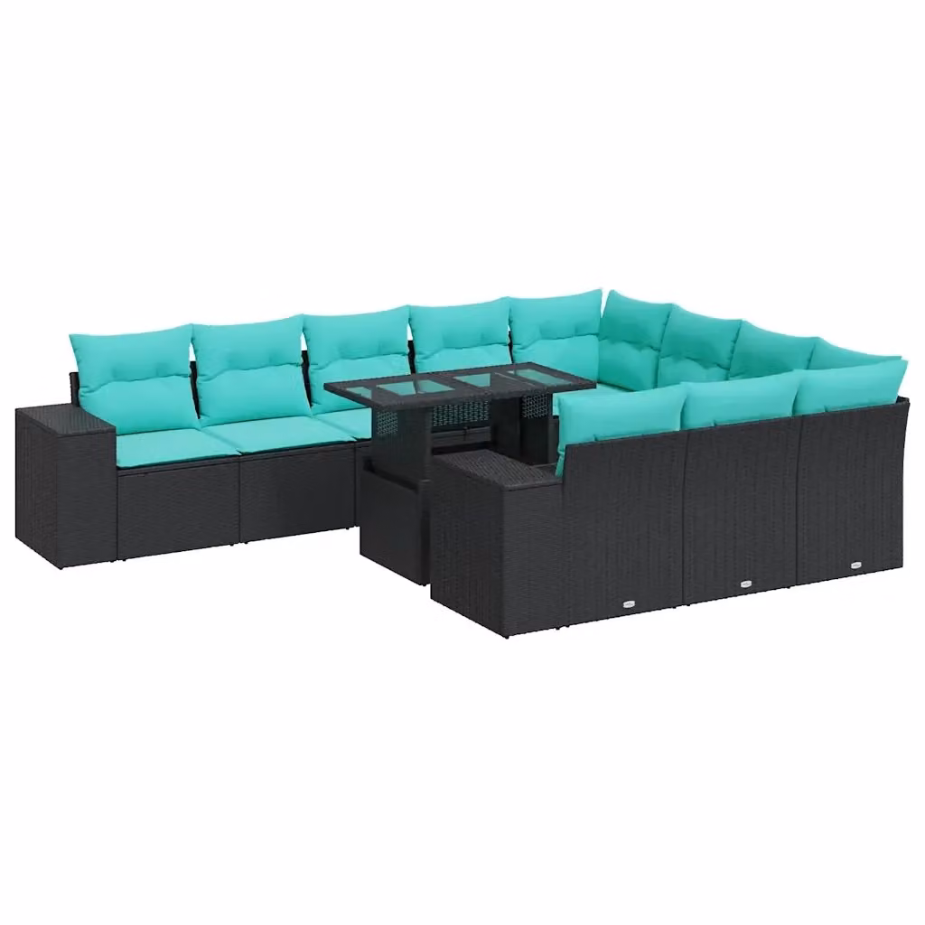 Set di Divani da Giardino a Forma di U vidaXL con 11 Pezzi, Polyrattan e Cuscini Imbottiti, Colore Nero, Blu e Turchese – 2