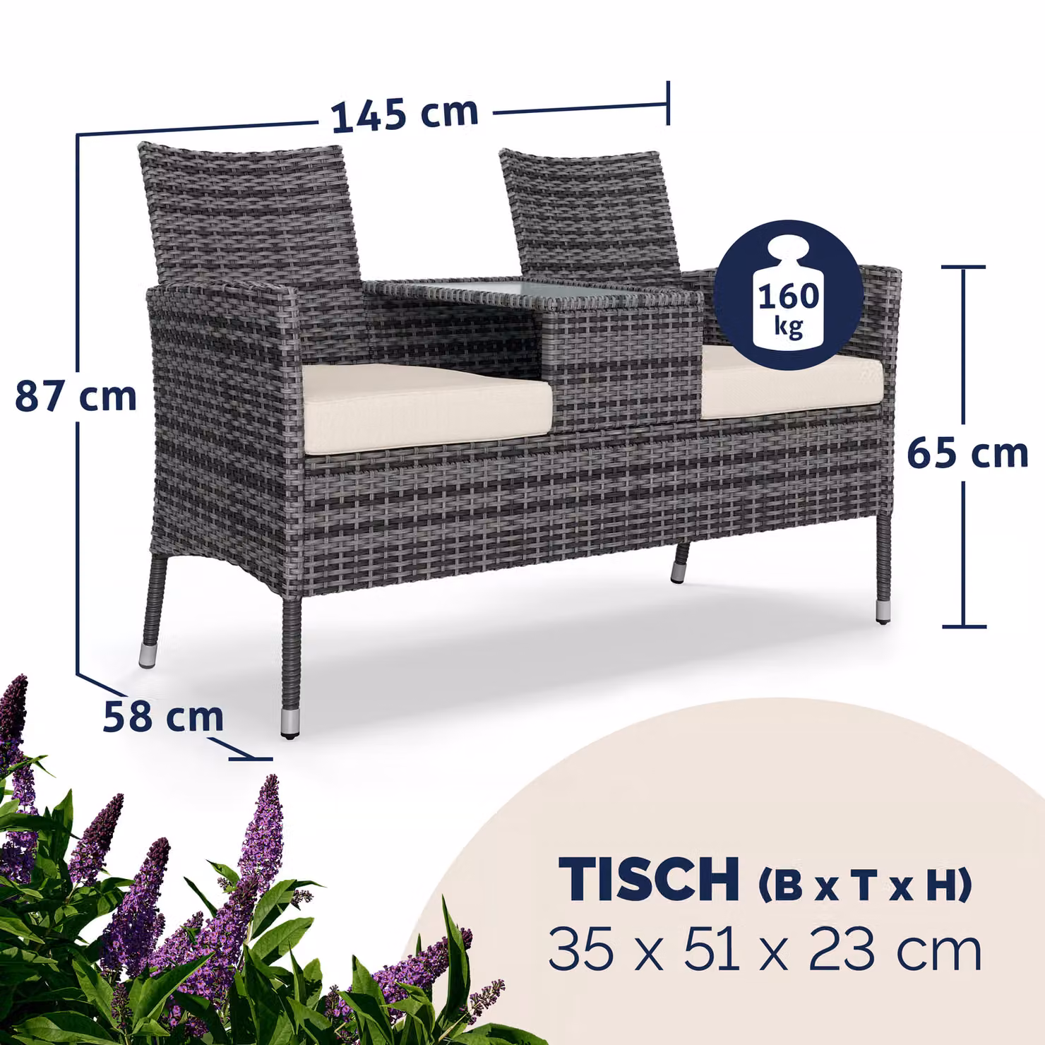 Panca da giardino moderna CASARIA in rattan e metallo grigia con braccioli L/P/H: 145 x 58 x 87 cm – 2