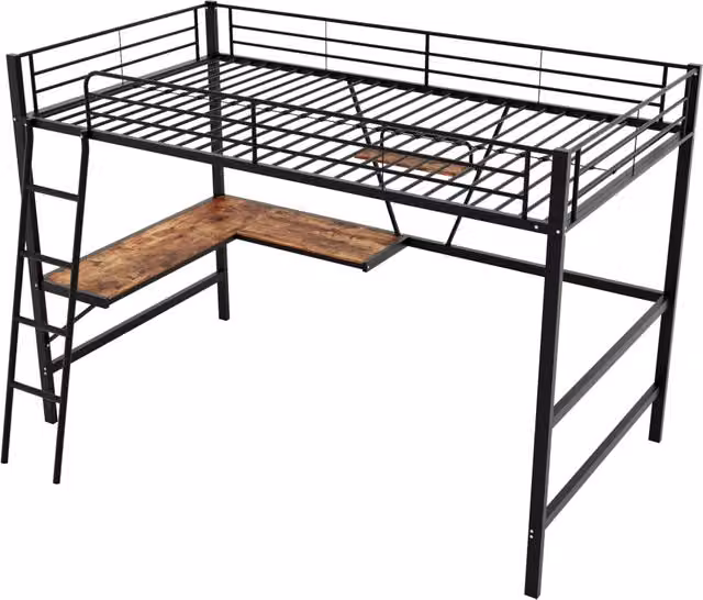 Letto a soppalco in metallo 90x200 cm con scrivania a L e mensola, colore nero
