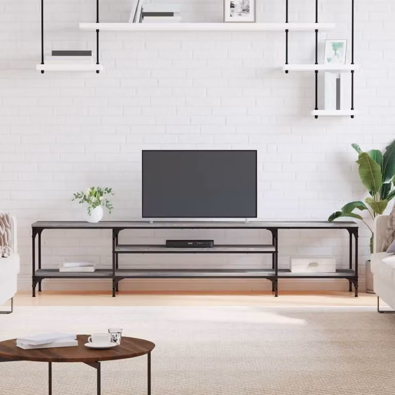 Mobile TV vidaXL in stile industriale in legno multistrato e ferro, Grigio Sonoma, L: 201 cm, P: 35 cm, H: 45 cm