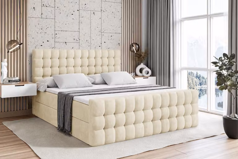 Letto boxspring ALTDECOR con materasso e rete a doghe - VIONE -Z - 160x200 cm - Beige Monolith - Letto boxspring, pediera, topper, letto imbottito con contenitore, letto con contenitore H4 - Materasso, letto matrimoniale, letto boxspring