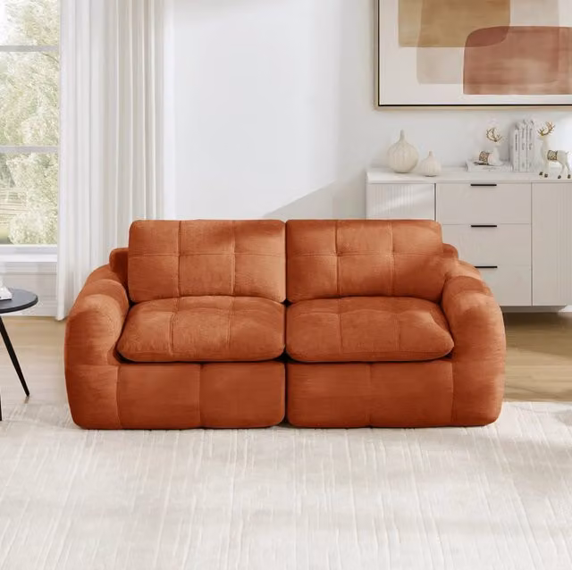Divano modulare 2 posti 194x97 cm arancione in chenille; seduta profonda