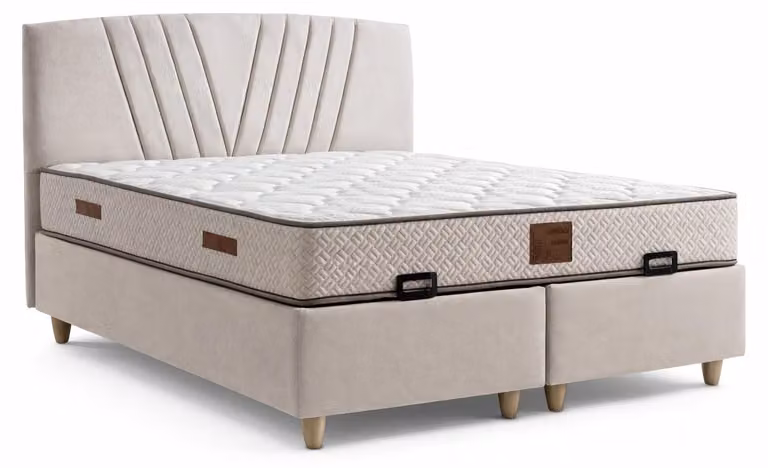 Letto con materasso in stile moderno, rivestimento in tessuto beige, con contenitore